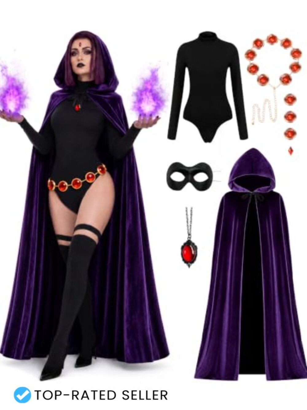 Raven Costume Set 6PC Hooded Cloak Bodysuit Gem Belt Cosplay Halloween